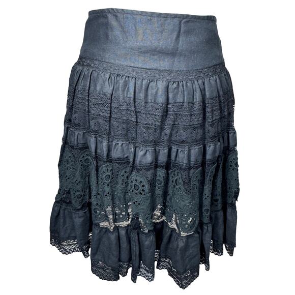Sundance Eyelet Lace Black Linen Skirt Women’s Medium Boho Cottagecore Summer - Picture 3 of 8